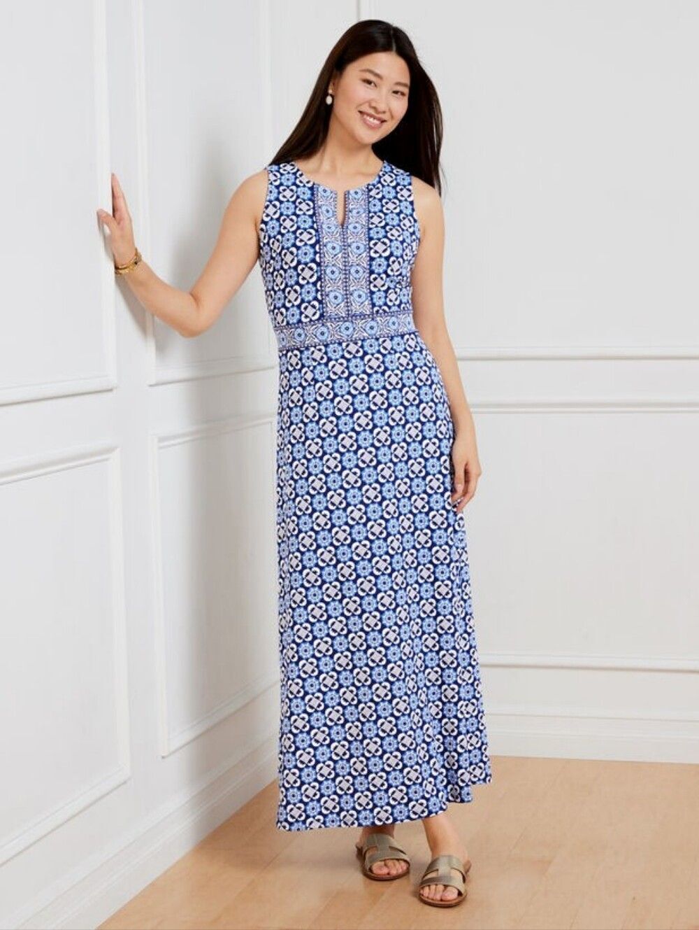 Talbots 1X Blue Printed Sleeveless Jersey Maxi Dress Effortless Floral Tiles